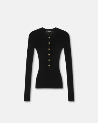 Bluză Henley din tricot cu nervuri din lână merino