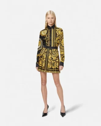 Fustă mini plisată din twill de mătase imprimat