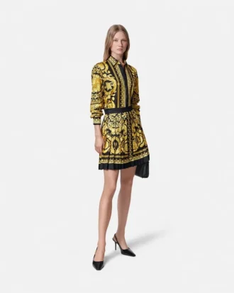 Fustă mini plisată din twill de mătase imprimat