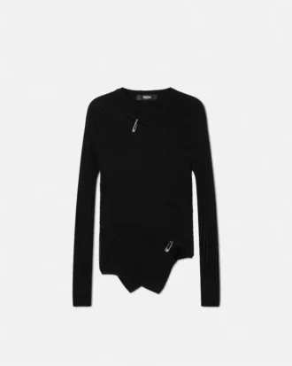 Pulover asimetric din tricot cu nervuri și ac de siguranță