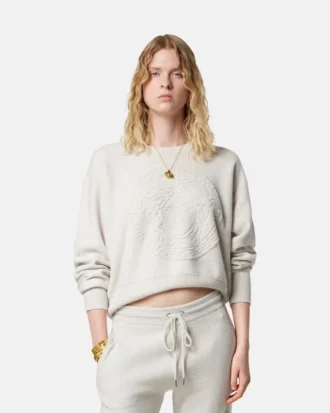 Pulover tricotat din amestec de cașmir cu model Medusa