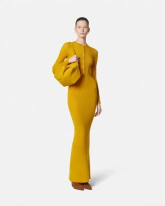 Rochie maxi din lână merino tricotată cu nervuri