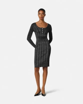 Rochie midi din tricot cu nervuri și amestec de lurex