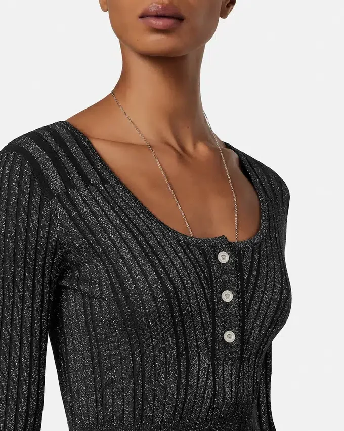 Rochie midi din tricot cu nervuri și amestec de lurex Rochie midi din tricot cu nervuri și amestec de lurex