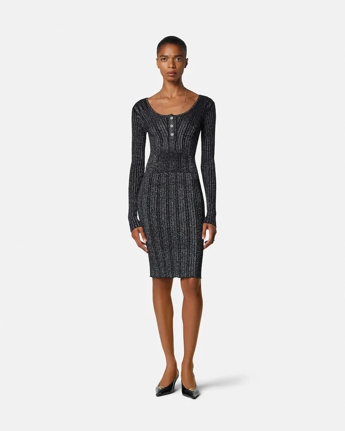 Rochie midi din tricot cu nervuri și amestec de lurex Rochie midi din tricot cu nervuri și amestec de lurex